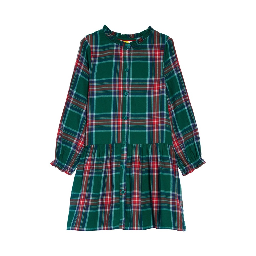 Mini Boden Girls' Relaxed Check Woven Dress in Forest Green Check Size 6-7 years